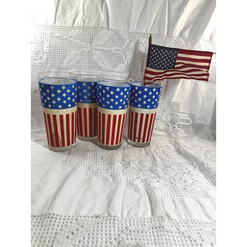 Vintage American Flag Drinking Glasses Set of 4 Patriotic 16oz Stars and Stripes